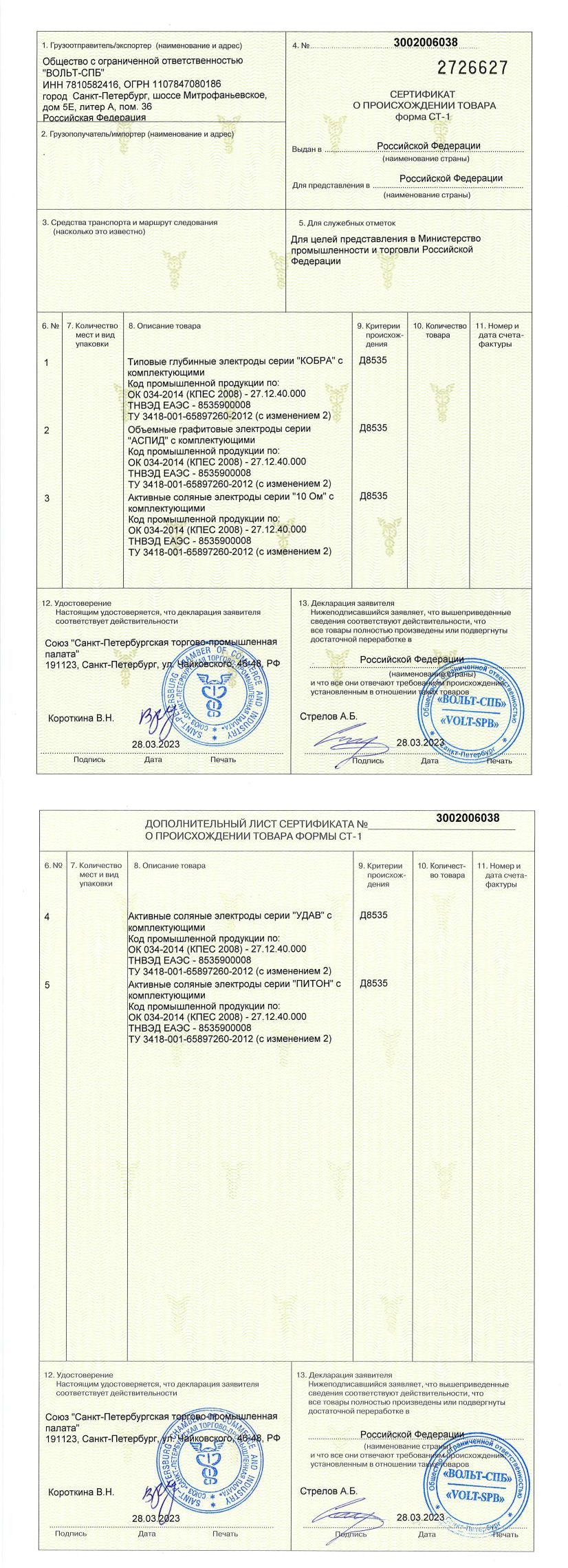 Сертификат о происхождении товара по форме СТ-1 («УДАВ», «ПИТОН», «10 Ом», «АСПИД»)